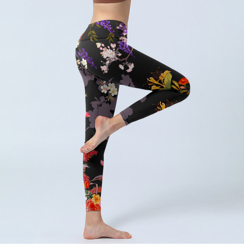 Buddha Stones Black Colorful Flowers Print Gym Leggings Women's Yoga Pants - image 3