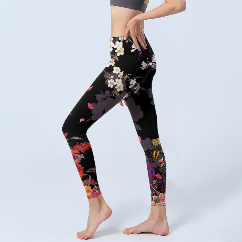 Buddha Stones Black Colorful Flowers Print Gym Leggings Women's Yoga Pants