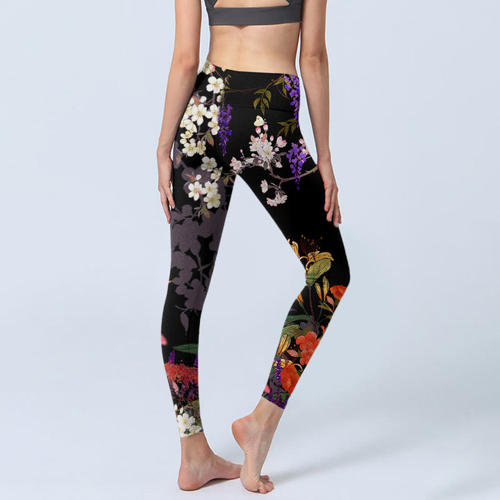 Buddha Stones Black Colorful Flowers Print Gym Leggings Women's Yoga Pants