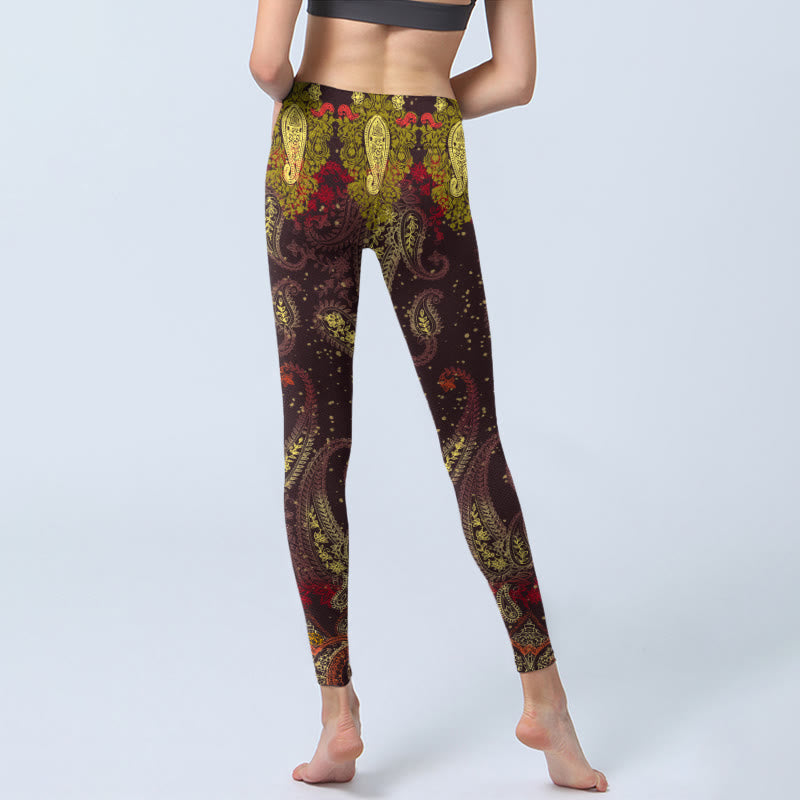 Buddha Stones Reddish-brown Cashew Flower Vines Print Gym Leggings Women's Yoga Pants