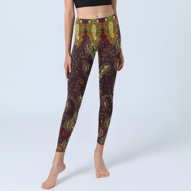 Buddha Stones Reddish-brown Cashew Flower Vines Print Gym Leggings Women's Yoga Pants