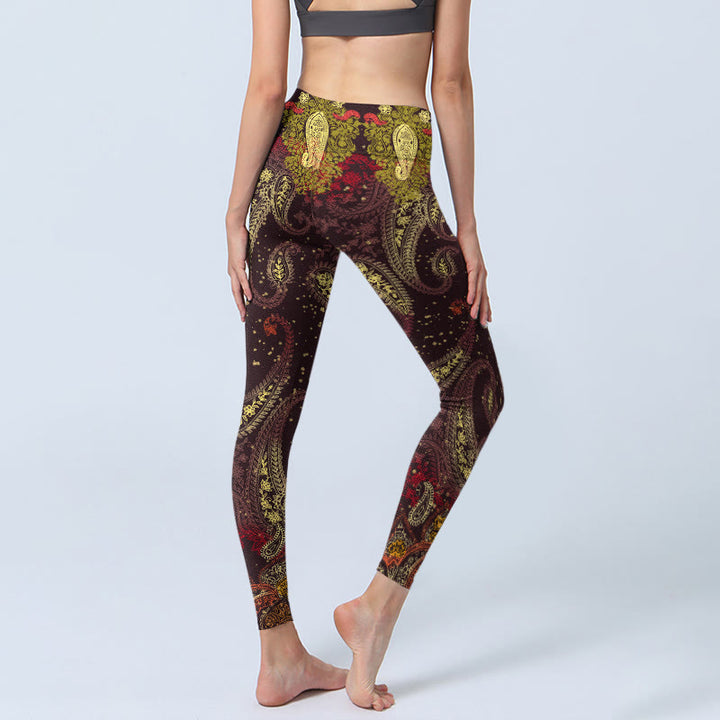 Buddha Stones Reddish-brown Cashew Flower Vines Print Gym Leggings Women's Yoga Pants - image 4