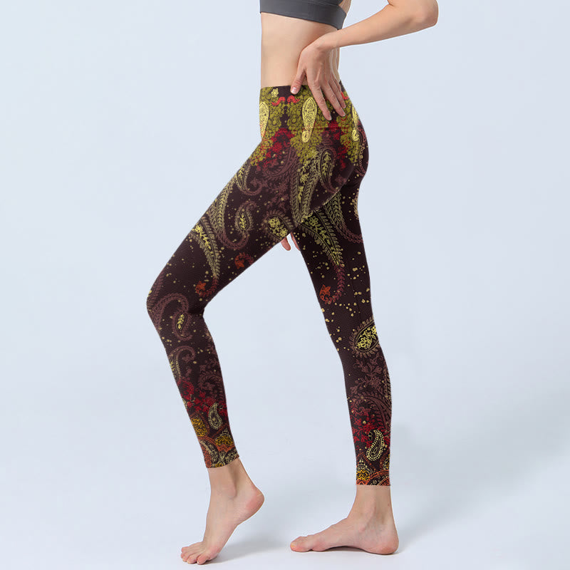 Buddha Stones Reddish-brown Cashew Flower Vines Print Gym Leggings Women's Yoga Pants - image 2