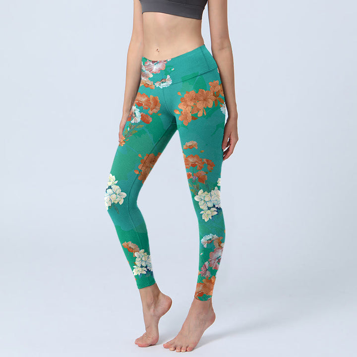 Buddha Stones Green Orange Beige Floral Print Gym Leggings Women's Yoga Pants