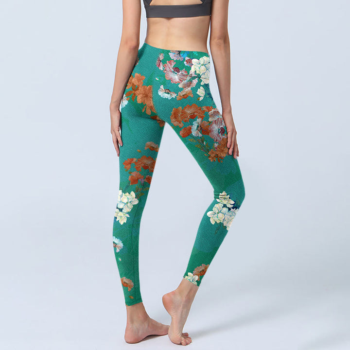 Buddha Stones Green Orange Beige Floral Print Gym Leggings Women's Yoga Pants - image 4