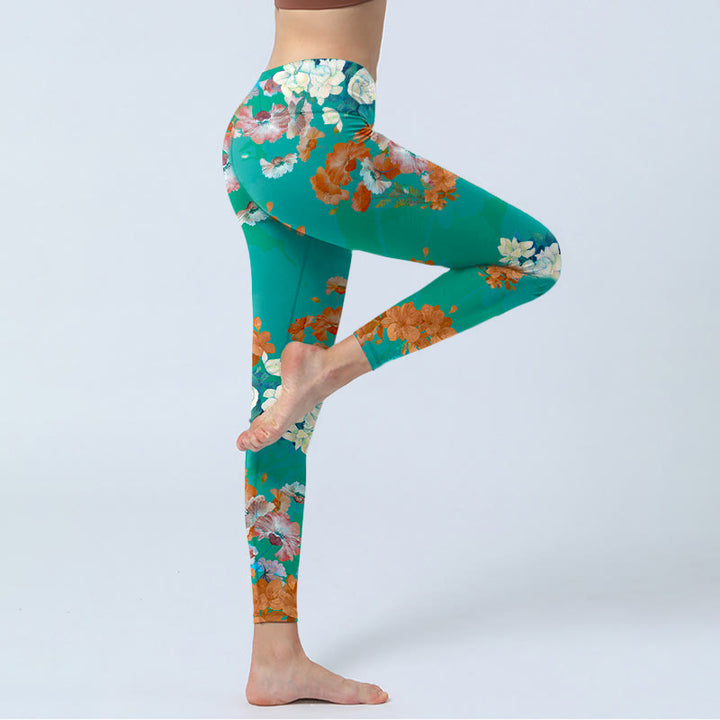 Buddha Stones Green Orange Beige Floral Print Gym Leggings Women's Yoga Pants - image 4