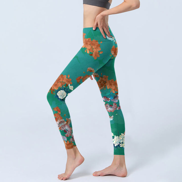 Buddha Stones Green Orange Beige Floral Print Gym Leggings Women's Yoga Pants - image 2