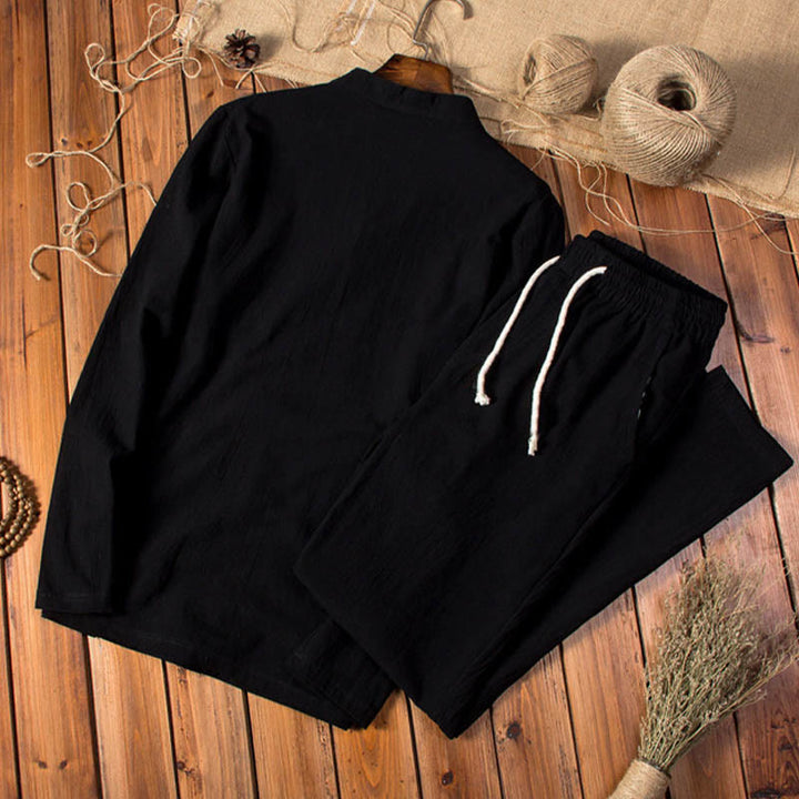 Buddha Stones Pure Color Cotton Linen Long Sleeve Top Pants Clothing Men's Set - image 11