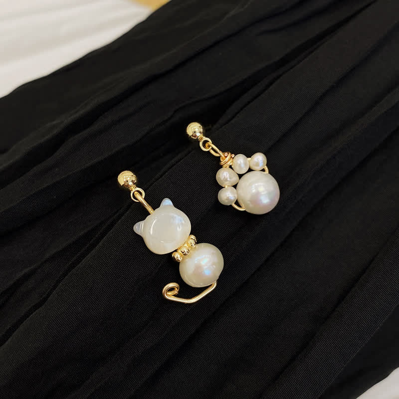 Buddha Stones Cute Cat Paw Pearl Wisdom Stud Drop Earrings - Pearl(925 Sterling Silver Posts) - image 1