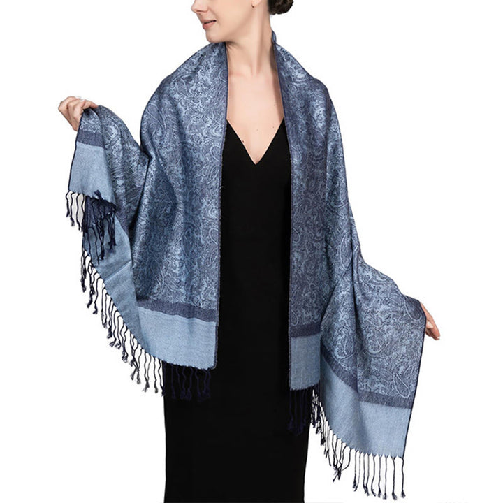 Buddha Stones Tibetan Cashew Jacquard Tassels Shawl Spring Fall Winter Warm Cozy Scarf Wrap - CornflowerBlue 180*70cm - image 10