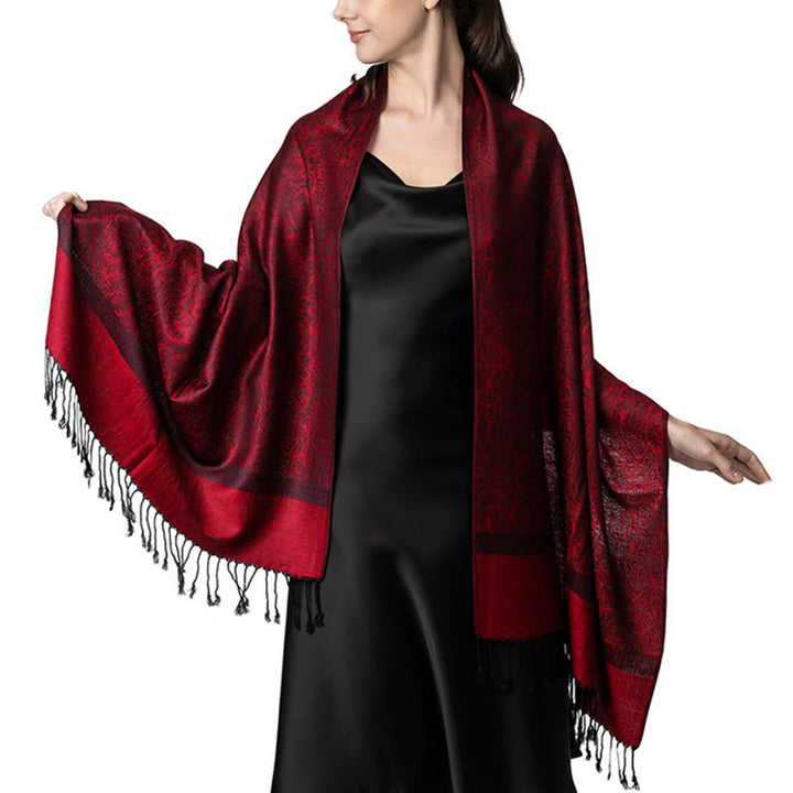 Buddha Stones Tibetan Cashew Jacquard Tassels Shawl Spring Fall Winter Warm Cozy Scarf Wrap - FireBrick 180*70cm - image 15