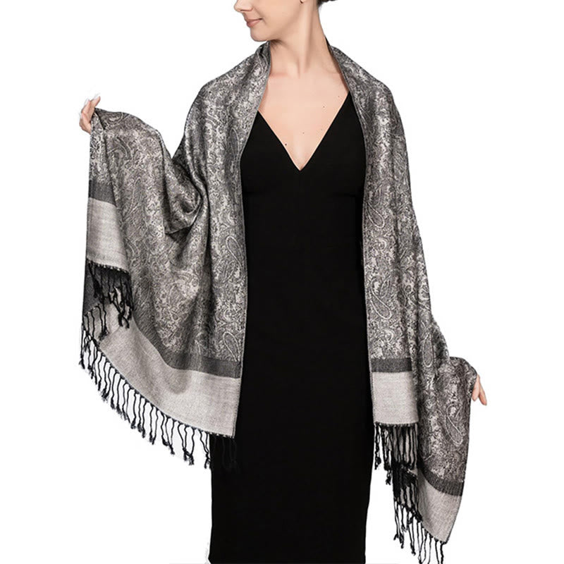 Buddha Stones Tibetan Cashew Jacquard Tassels Shawl Spring Fall Winter Warm Cozy Scarf Wrap - Silver 180*70cm - image 21