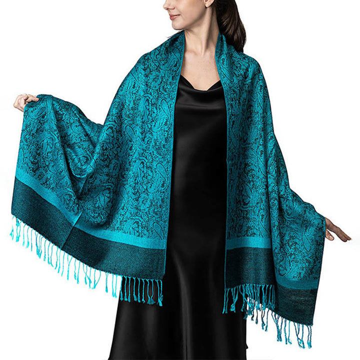 Buddha Stones Tibetan Cashew Jacquard Tassels Shawl Spring Fall Winter Warm Cozy Scarf Wrap - DarkCyan 180*70cm - image 33