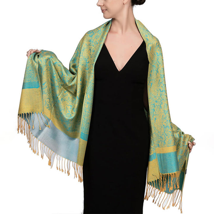 Buddha Stones Tibetan Cashew Jacquard Tassels Shawl Spring Fall Winter Warm Cozy Scarf Wrap - PaleGreen 180*70cm - image 44