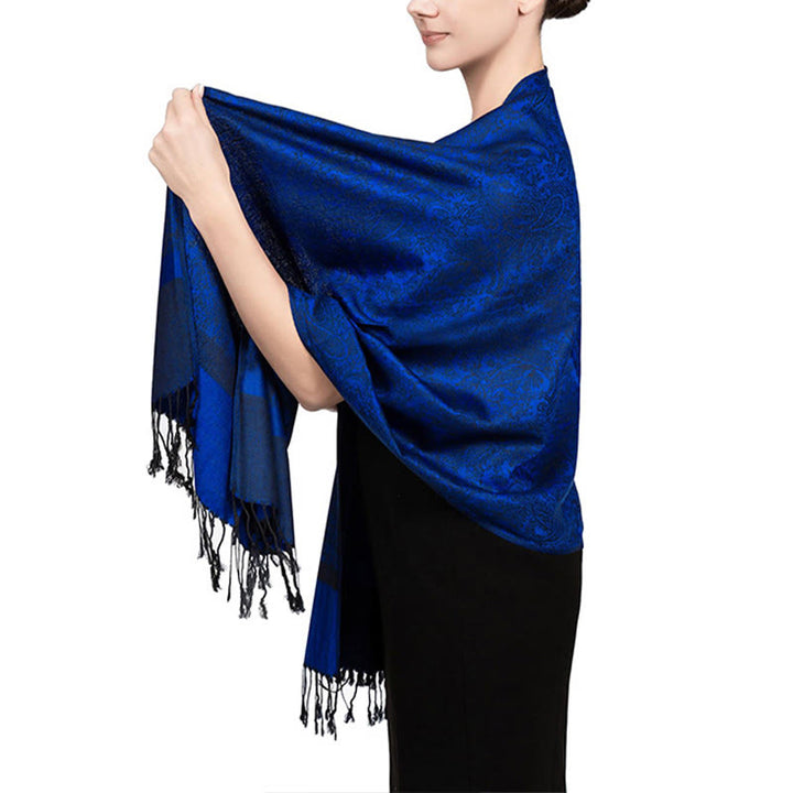 Buddha Stones Tibetan Cashew Jacquard Tassels Shawl Spring Fall Winter Warm Cozy Scarf Wrap - Navy 180*70cm - image 46