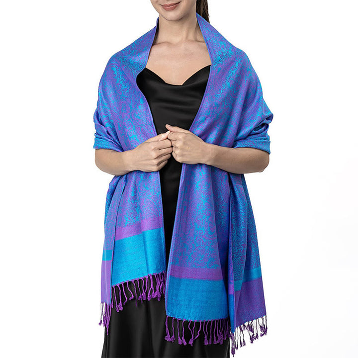 Buddha Stones Tibetan Cashew Jacquard Tassels Shawl Spring Fall Winter Warm Cozy Scarf Wrap - Blue 180*70cm - image 43