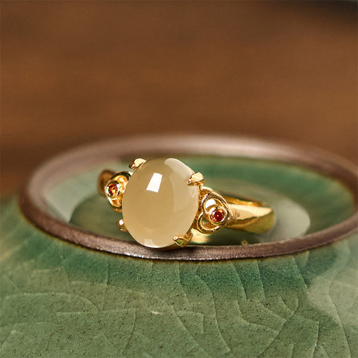 Buddha Stones Natural Hetian Jade Egg Heart-shaped Copper Luck Open Ring - image 0