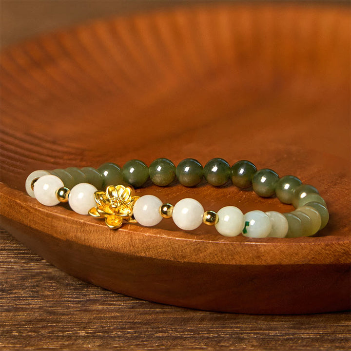 Buddha Stones Natural Hetian Jade Gradient Lotus Abundance Bracelet