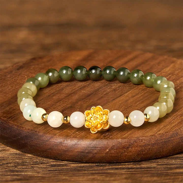 Buddha Stones Natural Hetian Jade Gradient Lotus Abundance Bracelet