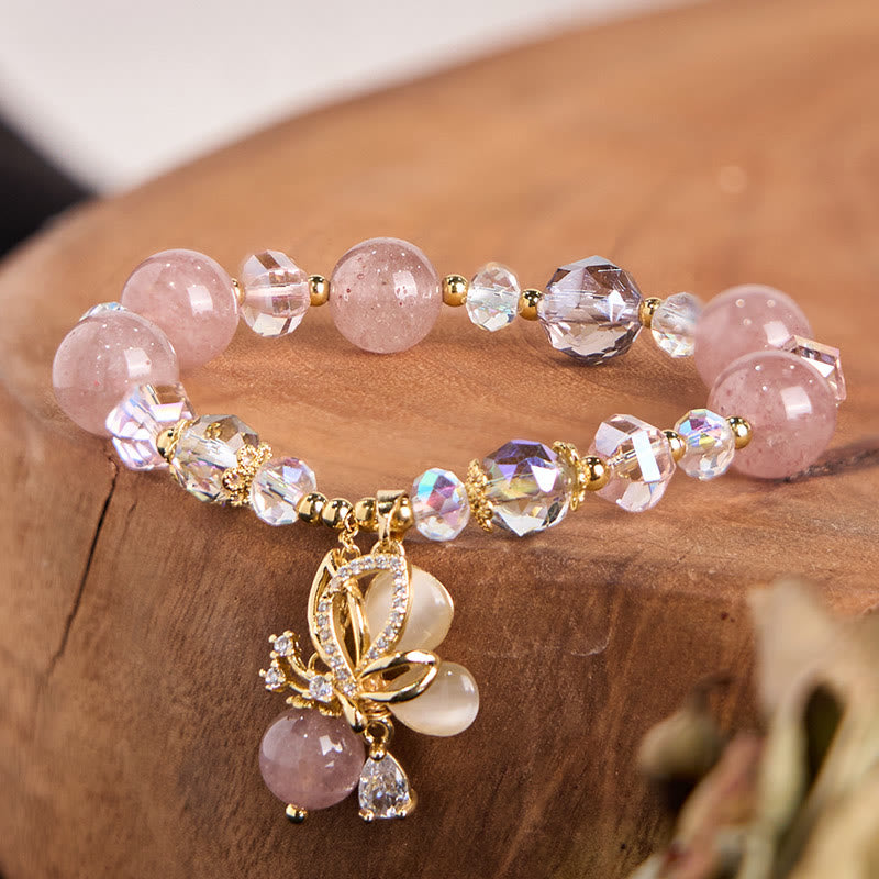 Buddha Stones Natural Strawberry Quartz Butterfly Healing Bracelet