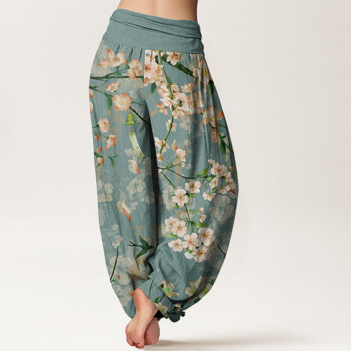 Buddha Stones Peach Blossoms Flying Geese Pattern Women's Elastic Waist Harem Pants - image 3