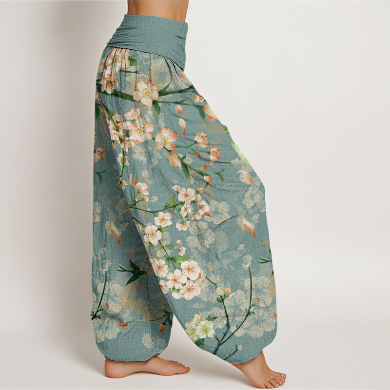 Buddha Stones Cotton Peach Blossoms Flying Geese Pattern Women's Elastic Waist Harem Pants - image 1