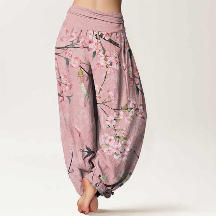 Buddha Stones Peach Blossoms Flying Geese Pattern Women's Elastic Waist Harem Pants - image 6