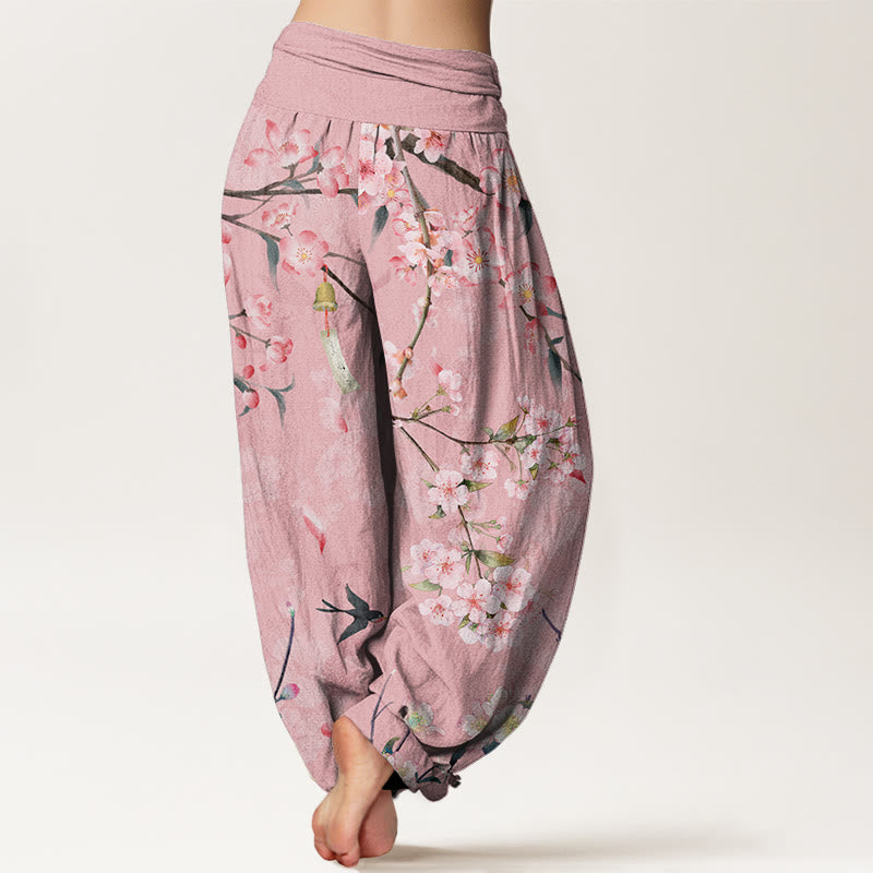 Buddha Stones Peach Blossoms Flying Geese Pattern Women's Elastic Waist Harem Pants - image 7