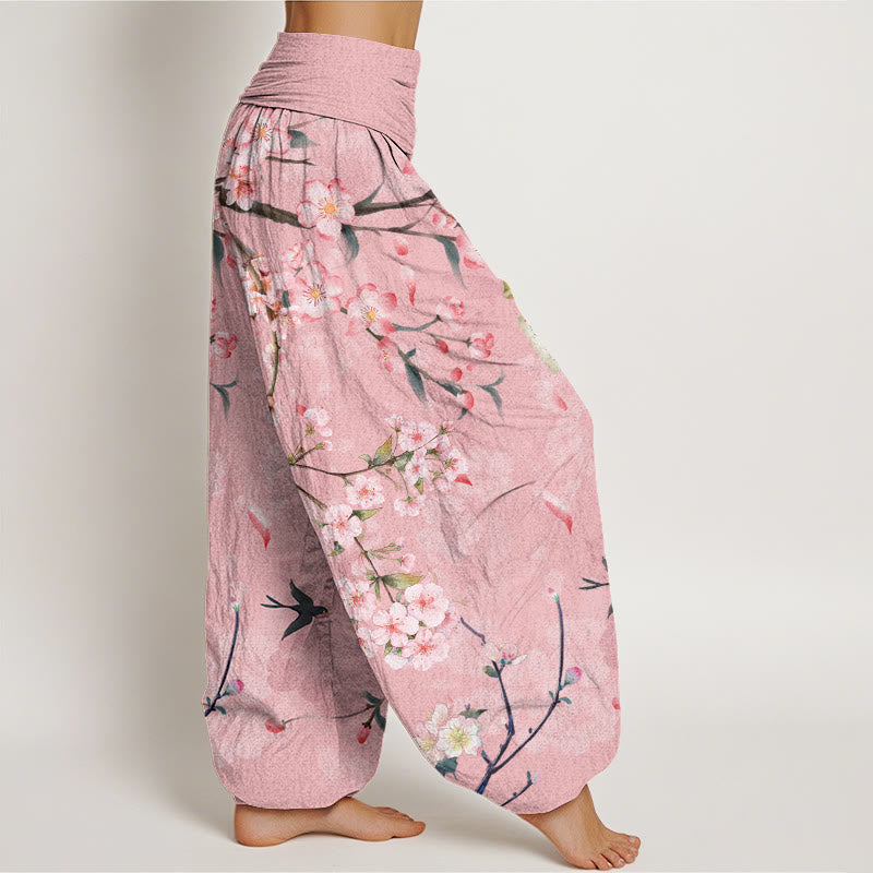Buddha Stones Peach Blossoms Flying Geese Pattern Women's Elastic Waist Harem Pants - image 6