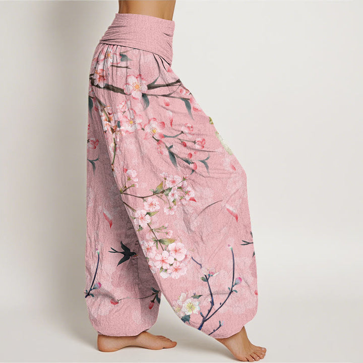 Buddha Stones Peach Blossoms Flying Geese Pattern Women's Elastic Waist Harem Pants - image 6