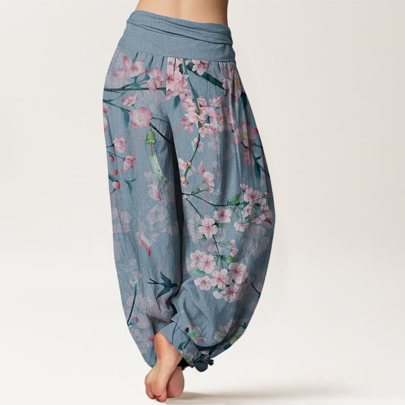 Buddha Stones Cotton Peach Blossoms Flying Geese Pattern Women's Elastic Waist Harem Pants - image 9