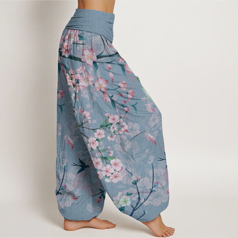 Buddha Stones Peach Blossoms Flying Geese Pattern Women's Elastic Waist Harem Pants - image 9