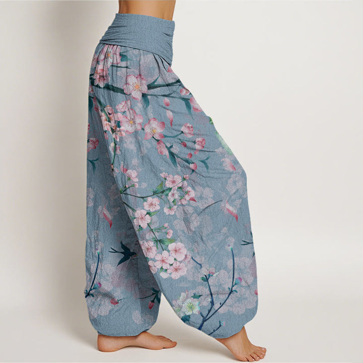 Buddha Stones Peach Blossoms Flying Geese Pattern Women's Elastic Waist Harem Pants - image 9