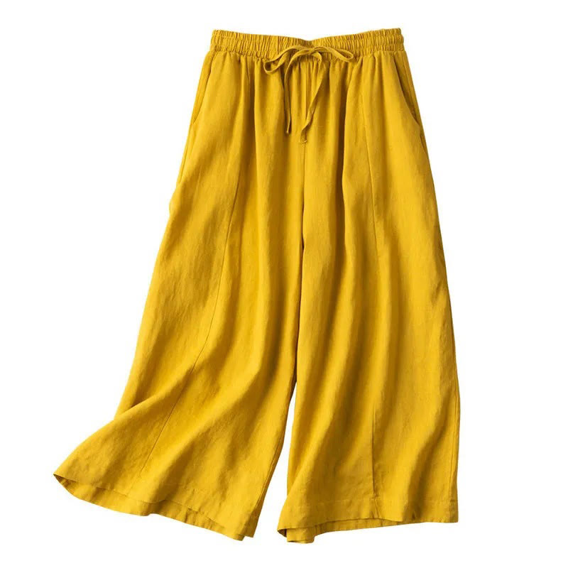 Buddha Stones Plain Color Cropped Pants Cotton Linen Women's Wide Leg Pants With Pockets