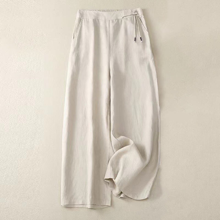 Buddha Stones Casual Solid Color One Button Cotton Linen Women's Wide Leg Pants With Pockets