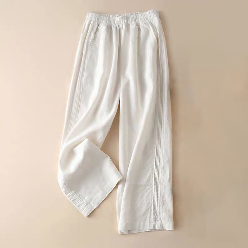Buddha Stones Casual Plain Color Side Pleats Cotton Linen Women's Wide Leg Pants With Pockets - White - US12，UK/AU16，EU44 (3XL) - image 13