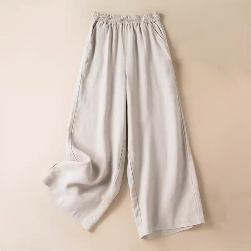 Buddha Stones Casual Solid Color Cotton Linen Women's Wide Leg Pants With Pockets - Beige - US12，UK/AU16，EU44 (3XL) - image 22
