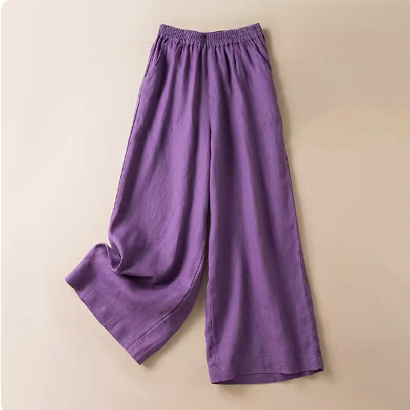 Buddha Stones Casual Solid Color Cotton Linen Women's Wide Leg Pants With Pockets