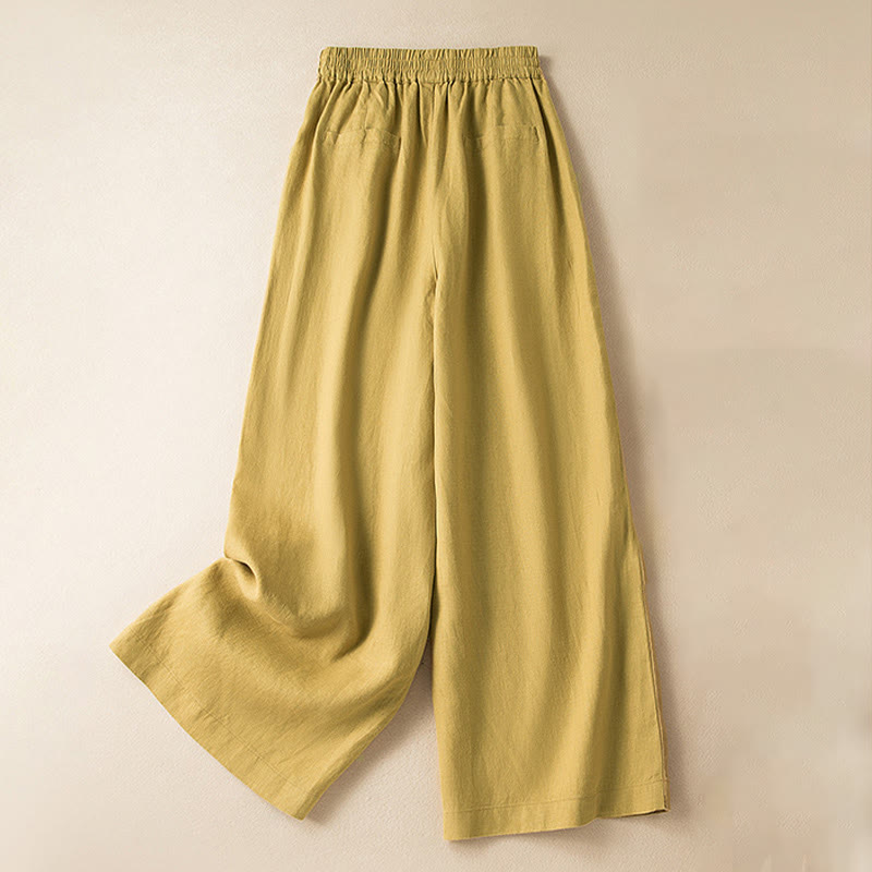 Buddha Stones Casual Solid Color Cotton Linen Women's Wide Leg Pants With Pockets - Yellow - US12，UK/AU16，EU44 (3XL) - image 29