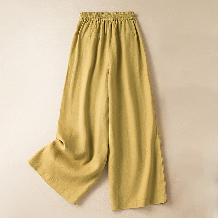 Buddha Stones Casual Solid Color Cotton Linen Women's Wide Leg Pants With Pockets - Yellow - US12，UK/AU16，EU44 (3XL) - image 29