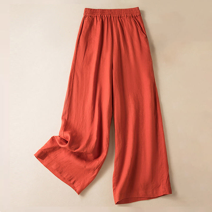 Buddha Stones Casual Solid Color Cotton Linen Women's Wide Leg Pants With Pockets - OrangeRed - US12，UK/AU16，EU44 (3XL) - image 7