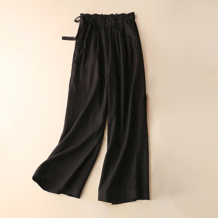 Buddha Stones Casual Plain Color Lace-up Cotton Linen Women's Wide Leg Pants