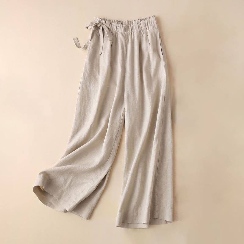 Buddha Stones Casual Plain Color Lace-up Cotton Linen Women's Wide Leg Pants