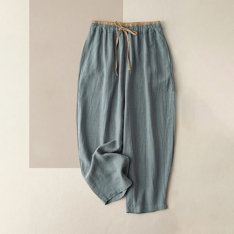 Buddha Stones Casual Solid Color Cotton Linen Drawstring Women's Pants With Pockets - CadetBlue - US16，UK/AU20，EU48 (3XL) - image 1