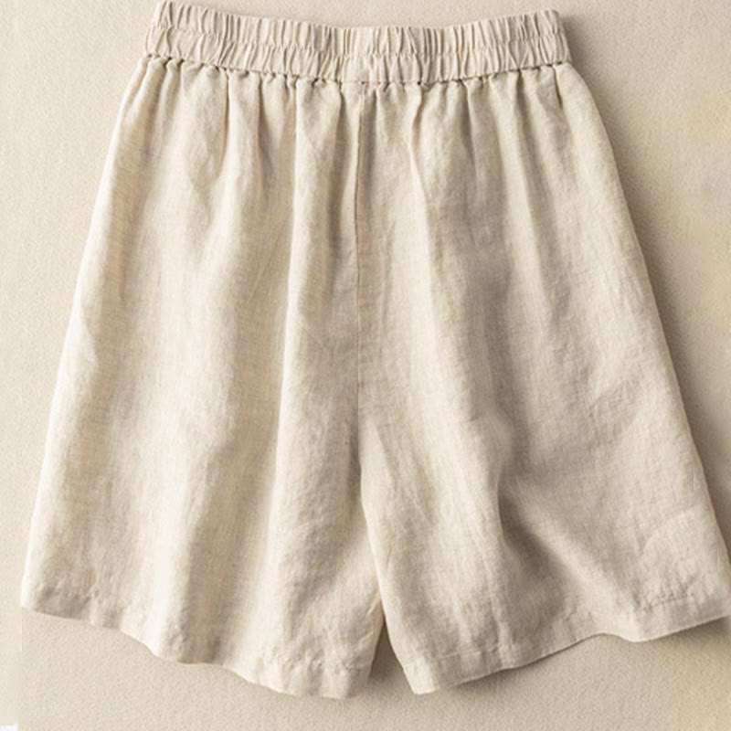 Buddha Stones Casual Plain Color Cotton Linen Women's Shorts With Pockets