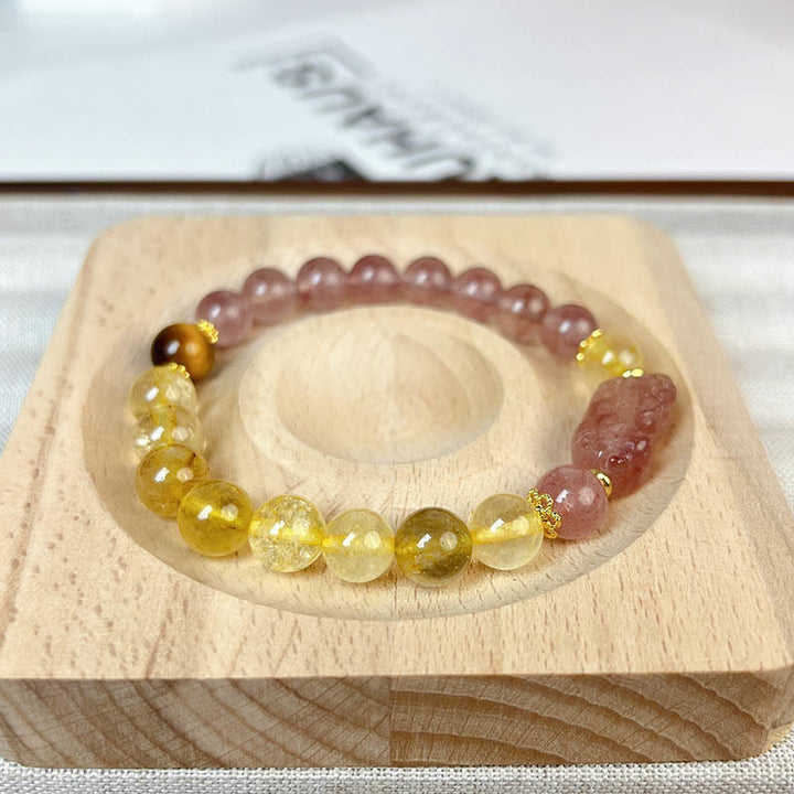 Buddha Stones Strawberry Quartz Pixiu Rutilated Quartz Beads Healing Bracelet