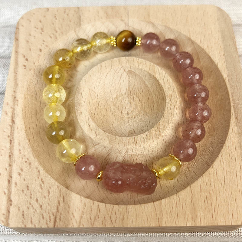 Buddha Stones Strawberry Quartz Pixiu Rutilated Quartz Beads Healing Bracelet