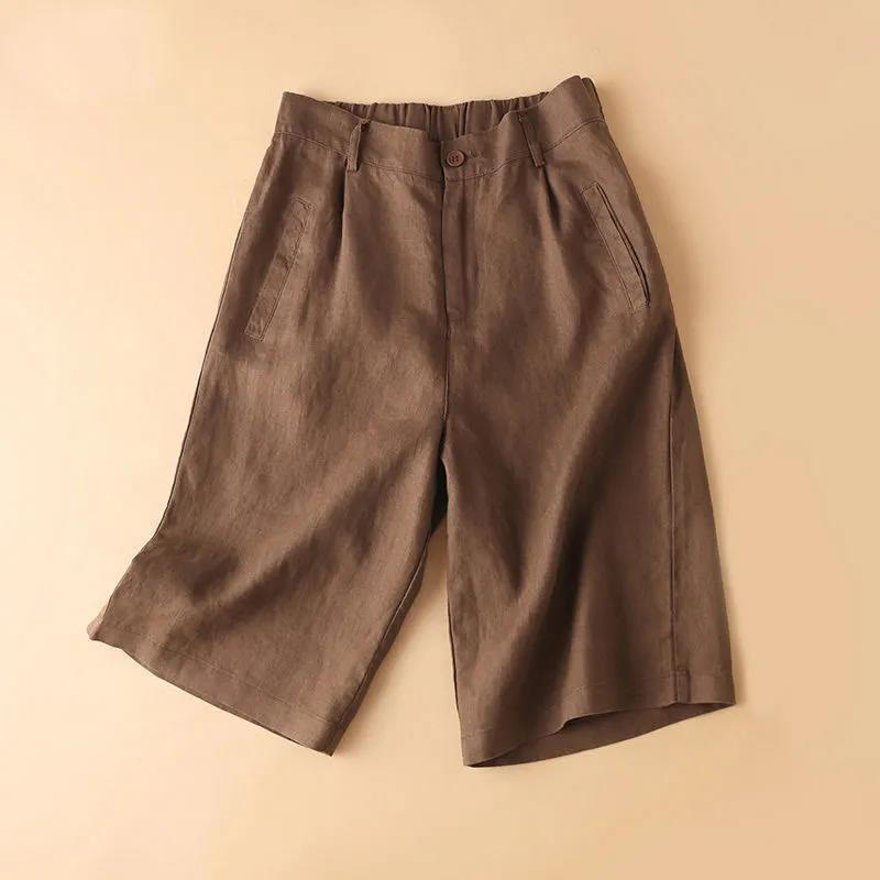 Buddha Stones Plain Color Button Zipper Cotton Women's Shorts With Pockets - Sienna - US12，UK/AU16，EU44 (3XL) - image 0