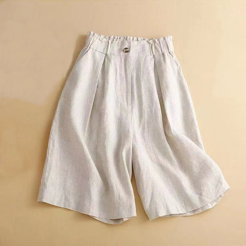 Buddha Stones Plain Color Pleated Zipper Button Cotton Linen Women's Shorts With Pockets - Beige - US12，UK/AU16，EU44 (3XL) - image 9