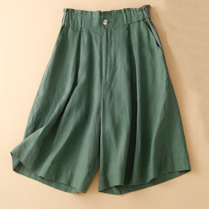 Buddha Stones Plain Color Pleated Zipper Button Cotton Linen Women's Shorts With Pockets - image 15